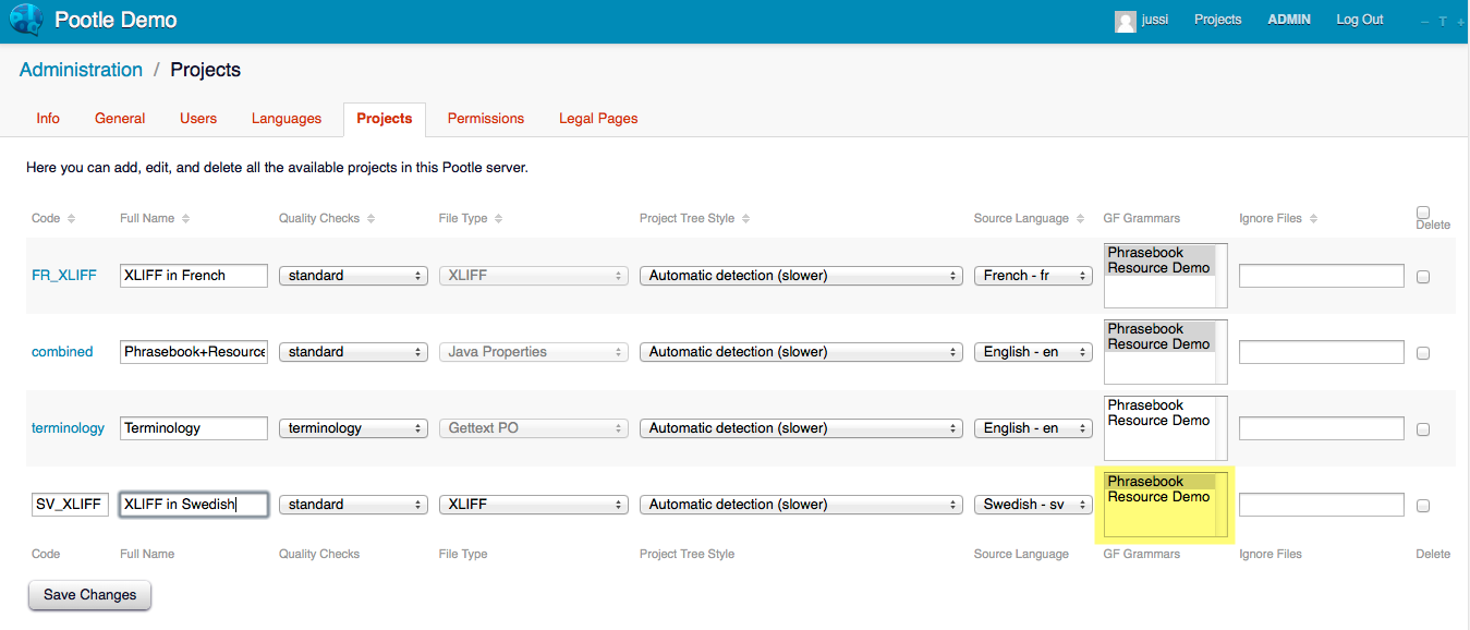 Pootle administration screen