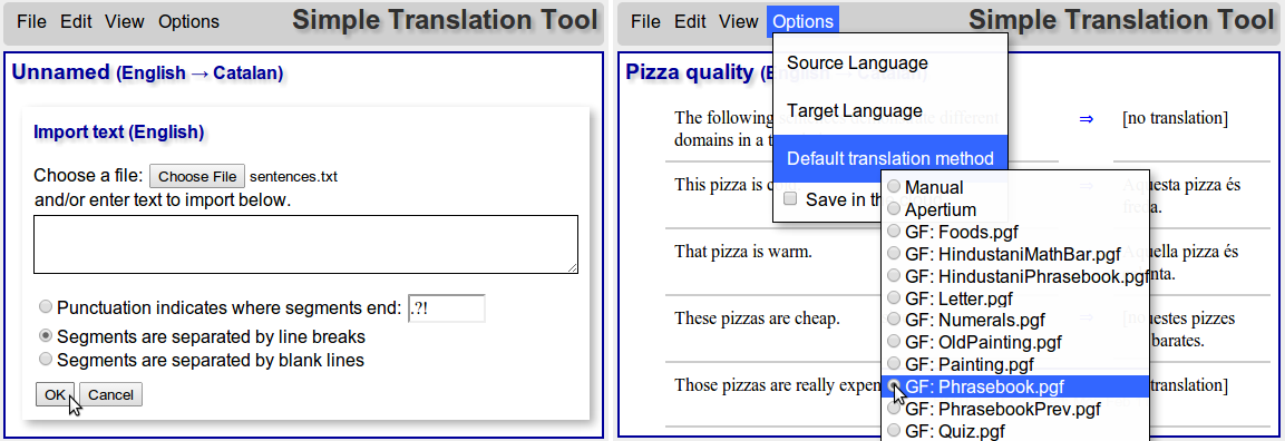 Loading a document and choosing default translation method